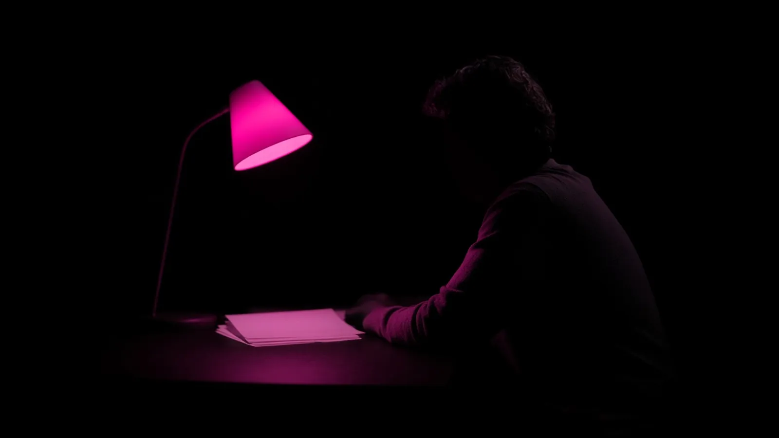 A person silhouetted reviewing documents at a dark desk under a single hot pink lamp, evaluating technology proposals under Chapter 30B