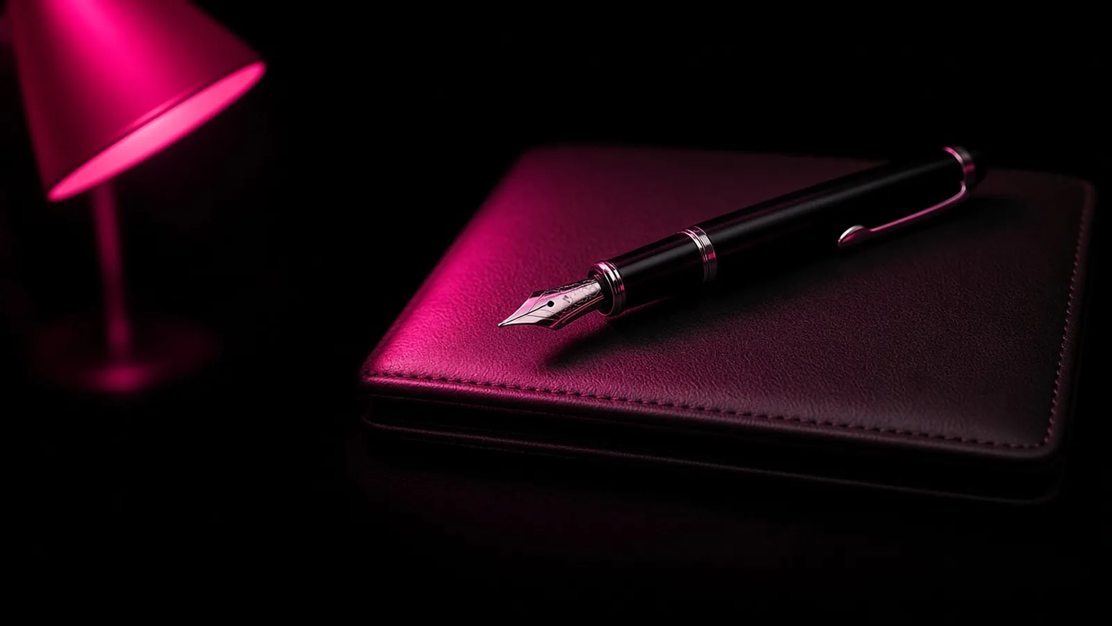 A fountain pen resting on a closed leather portfolio under a hot pink desk light, documenting a technology vendor relationship for Chapter 93A