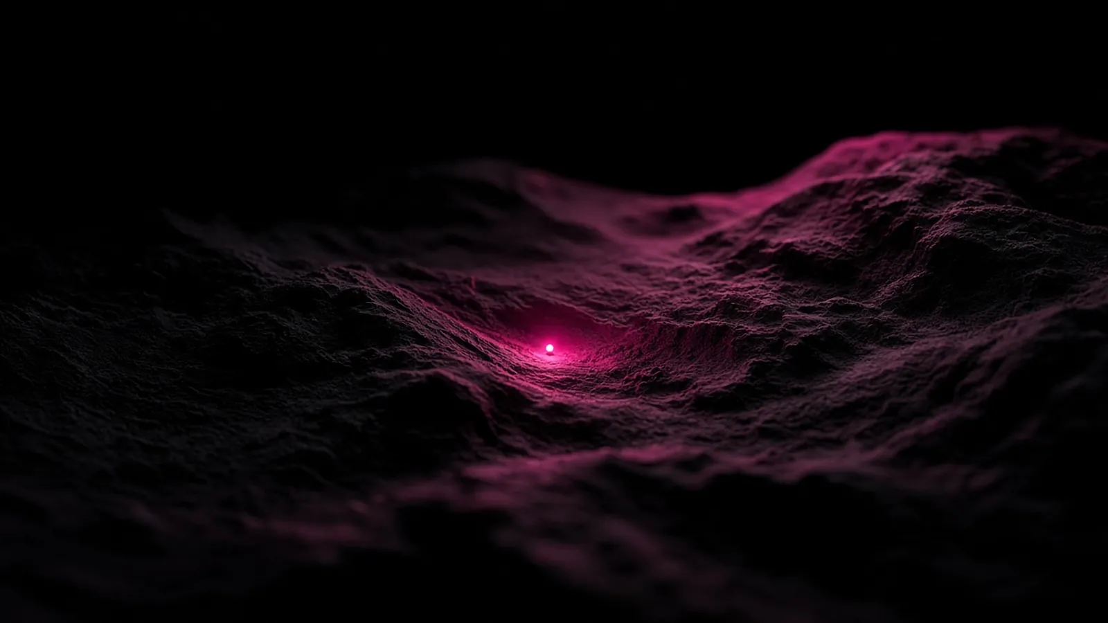 A single point of hot pink light resting in a valley of a dark topographic relief model, the territorial reach of Chapter 93A