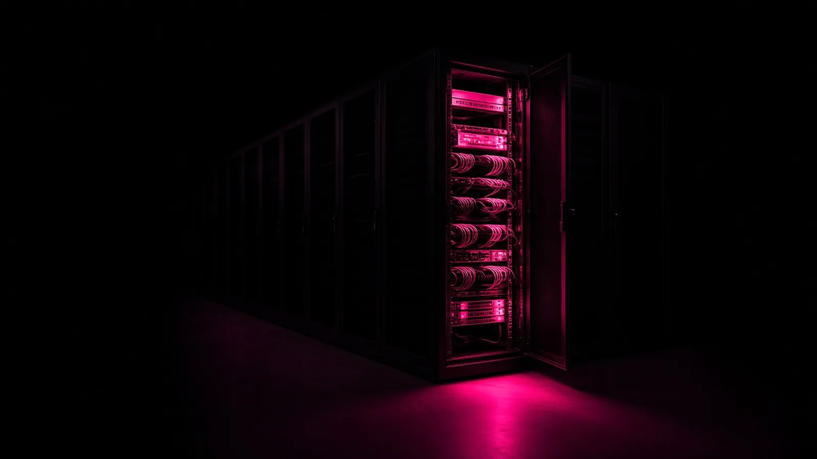 One open magenta-lit server cabinet in a dark row, inspecting the infrastructure when you evaluate a managed service provider