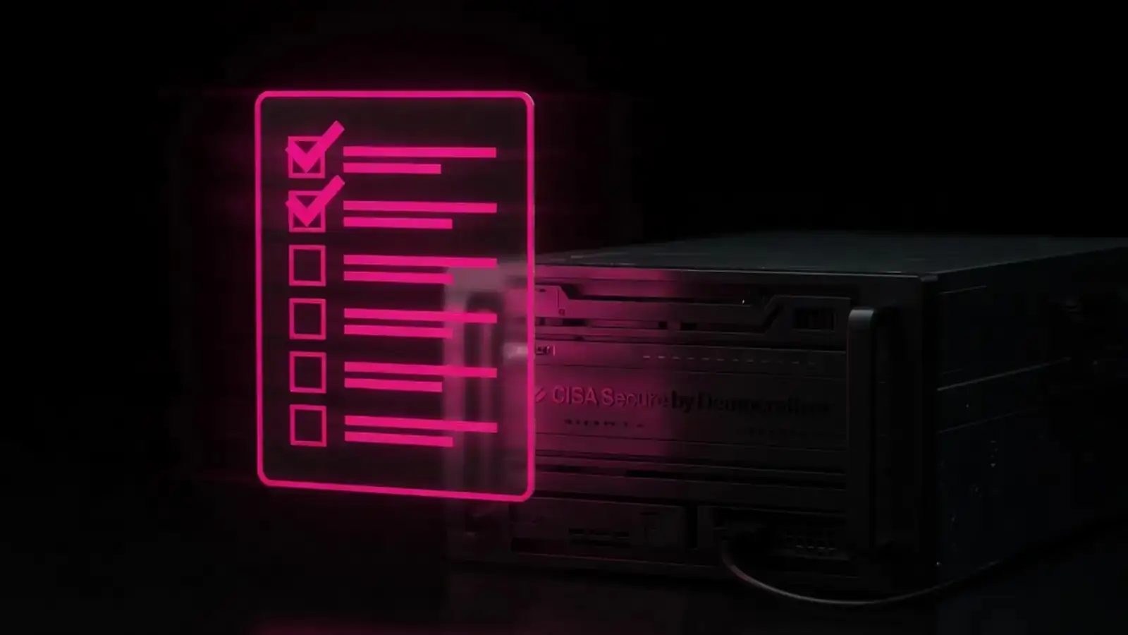 Magenta checklist beside a dark software box, CISA Secure by Demand vendor questions, Amelia S. Gagne