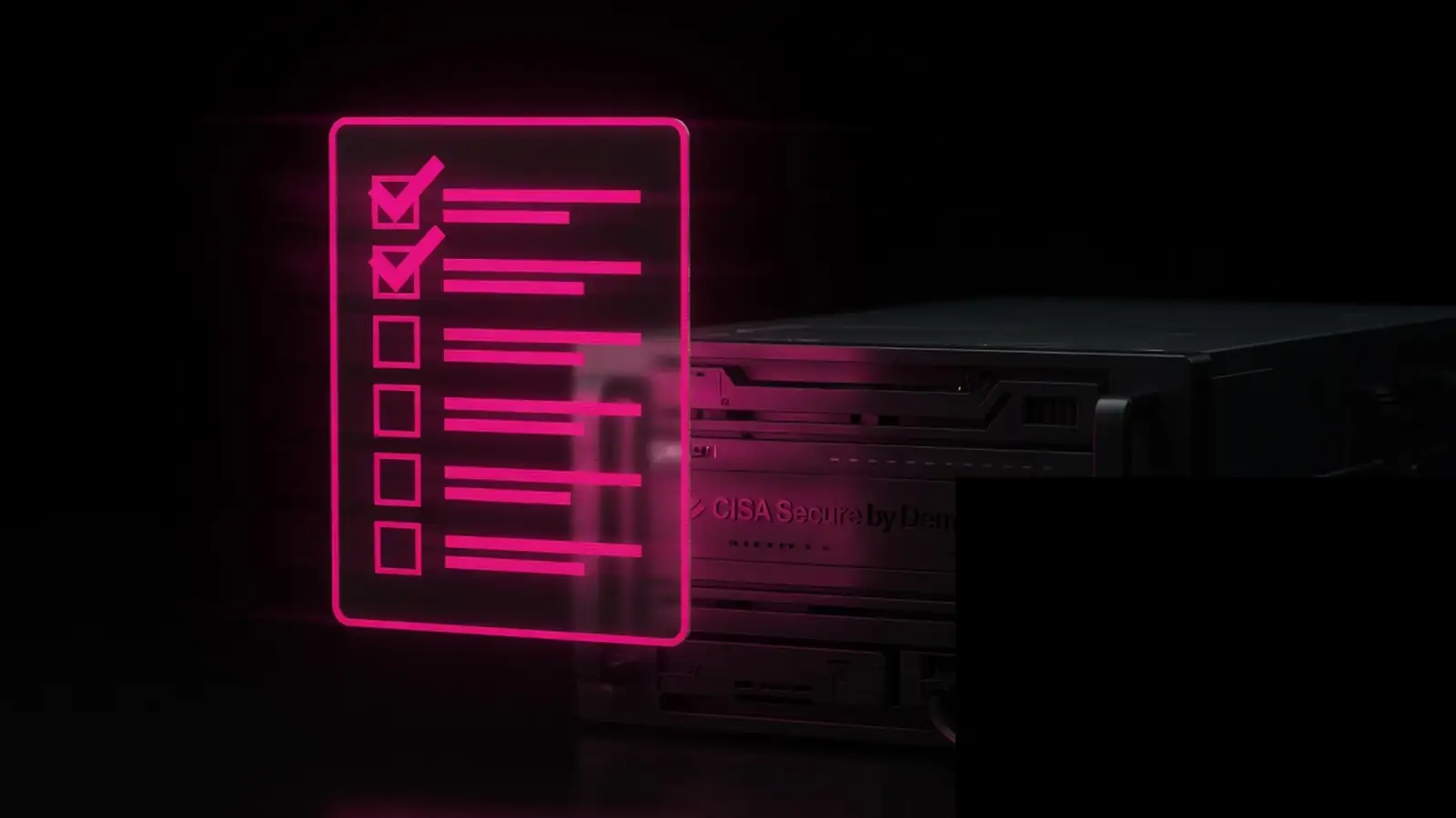 Magenta checklist beside a dark software box, CISA Secure by Demand vendor questions, Amelia S. Gagne