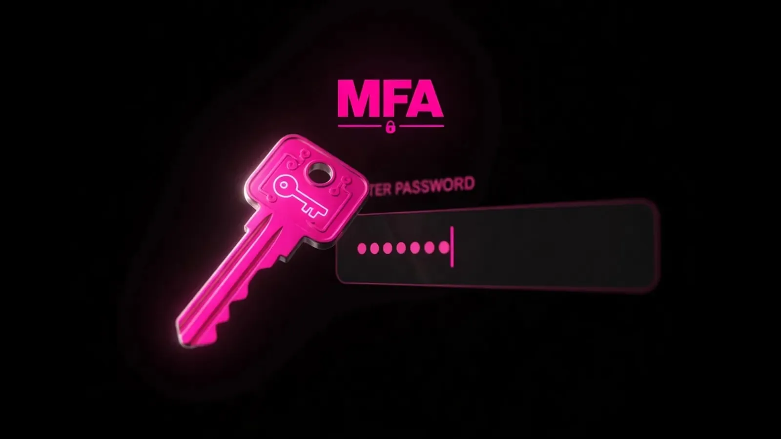 Magenta second-key beside a dark login field, MFA as default not an add-on, Amelia S. Gagne