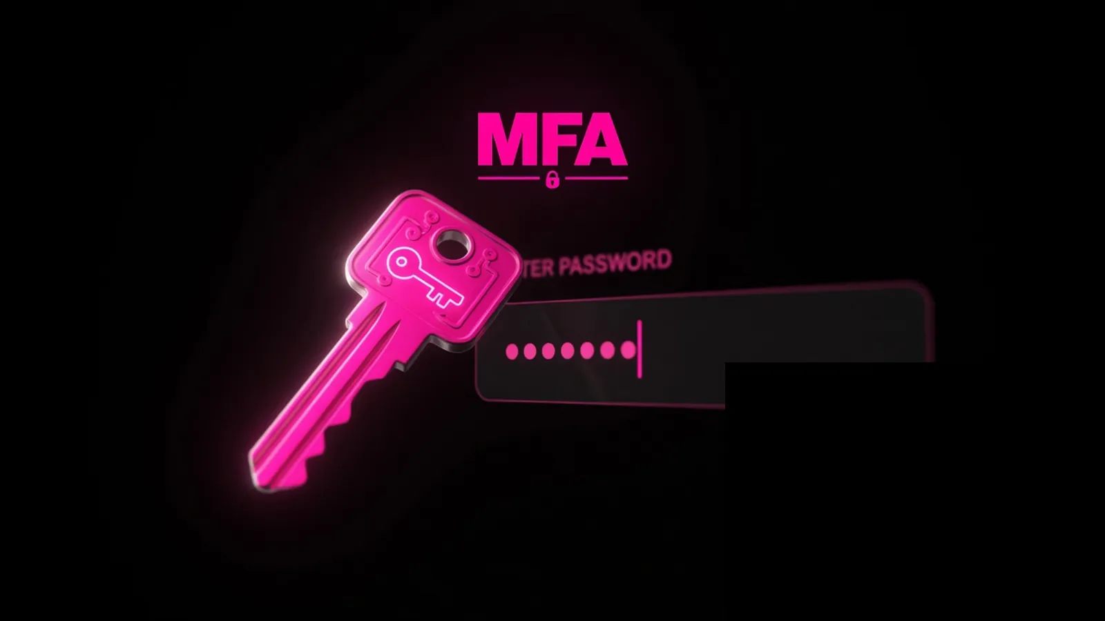 Magenta second-key beside a dark login field, MFA as default not an add-on, Amelia S. Gagne