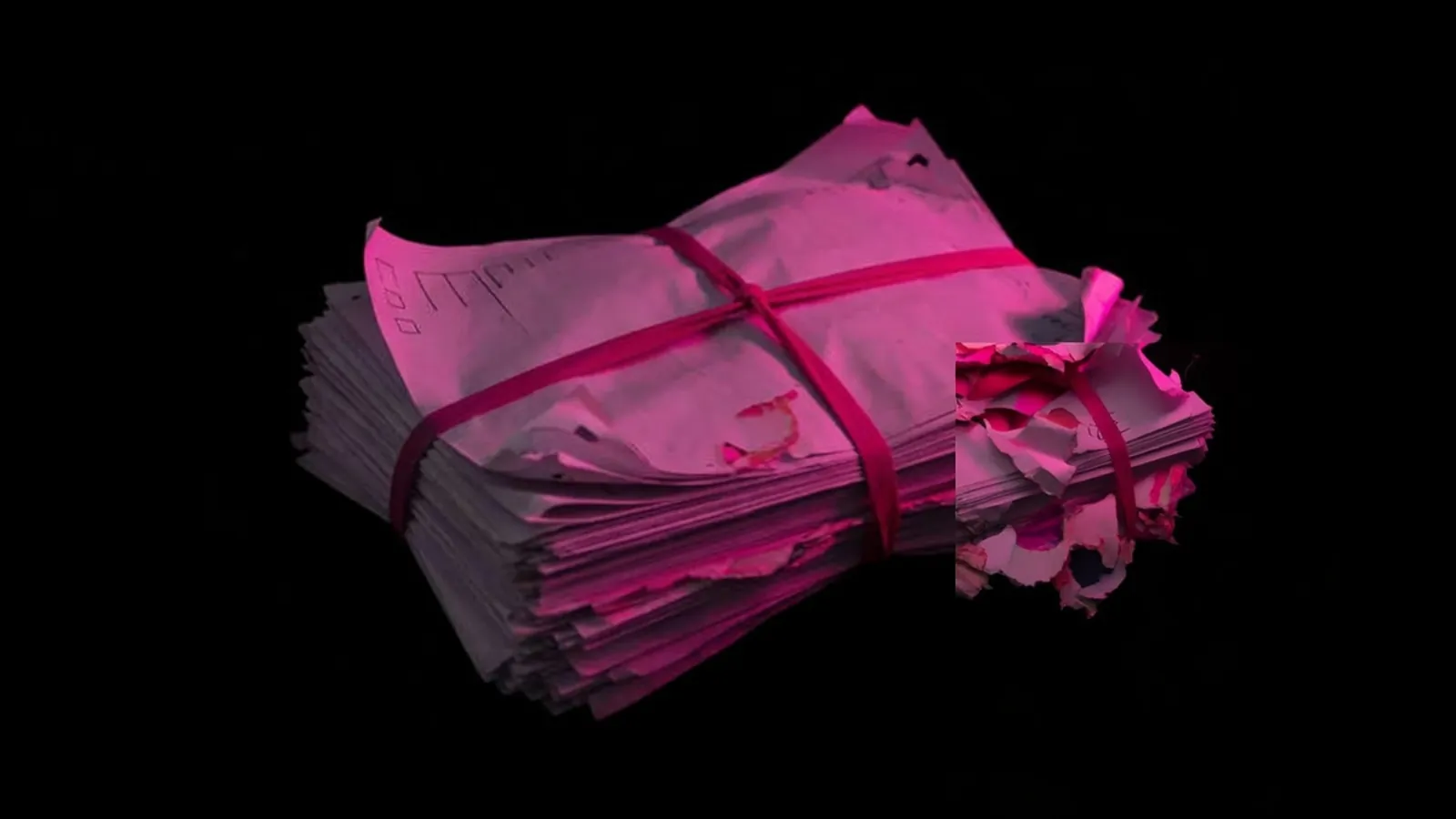 Magenta light binding scattered evidence sheets on black, consolidating compliance audits into one evidence pack