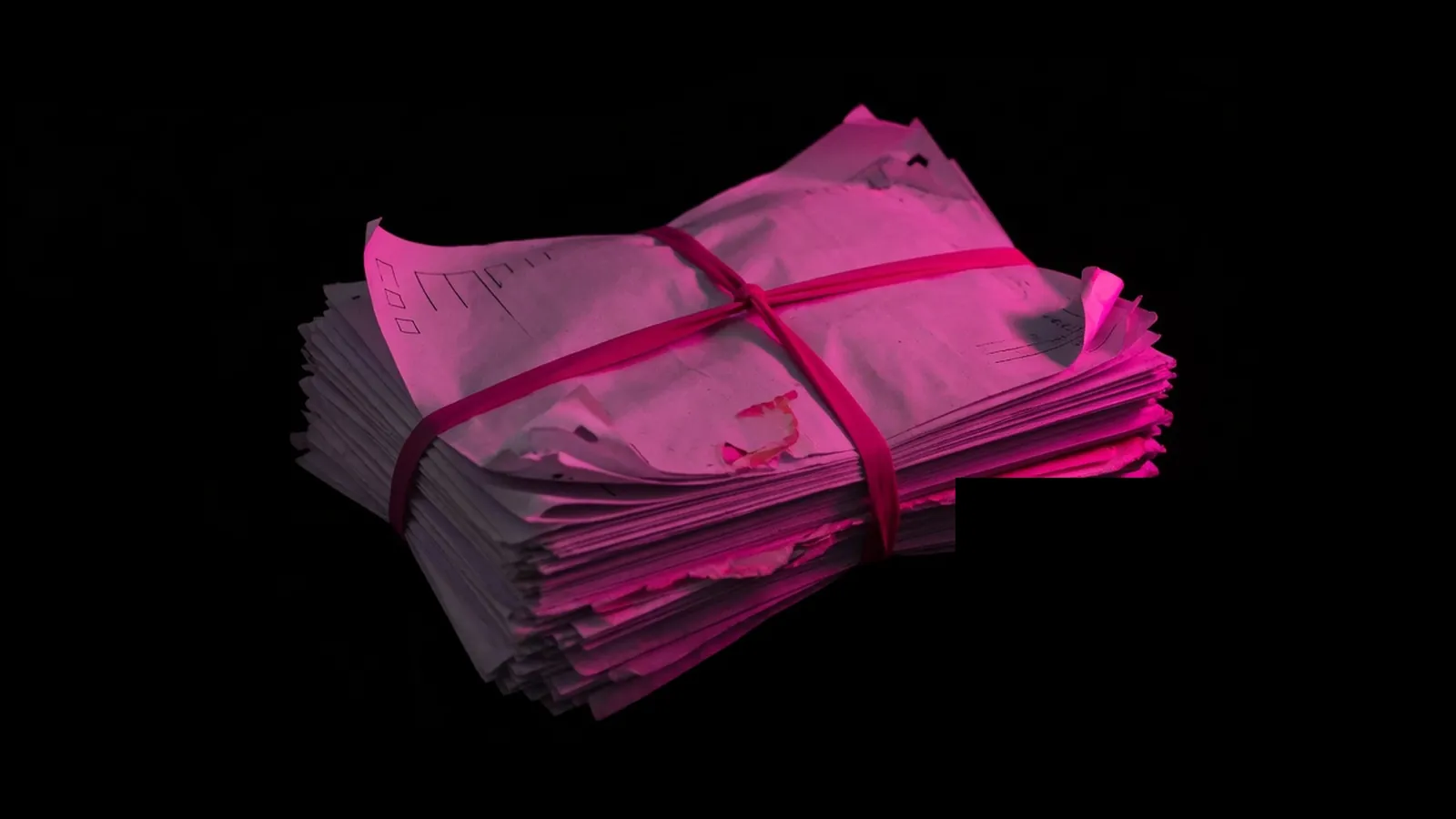 Magenta light binding scattered evidence sheets on black, consolidating compliance audits into one evidence pack