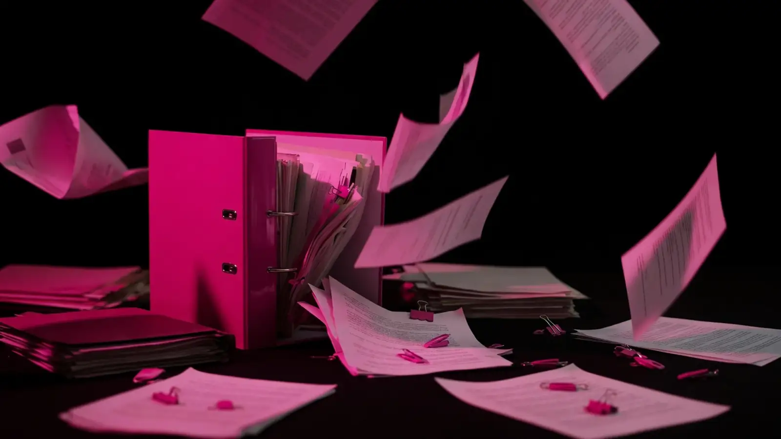One magenta binder gathering many dim stacks on black, cost savings consolidating compliance audits with a single provider