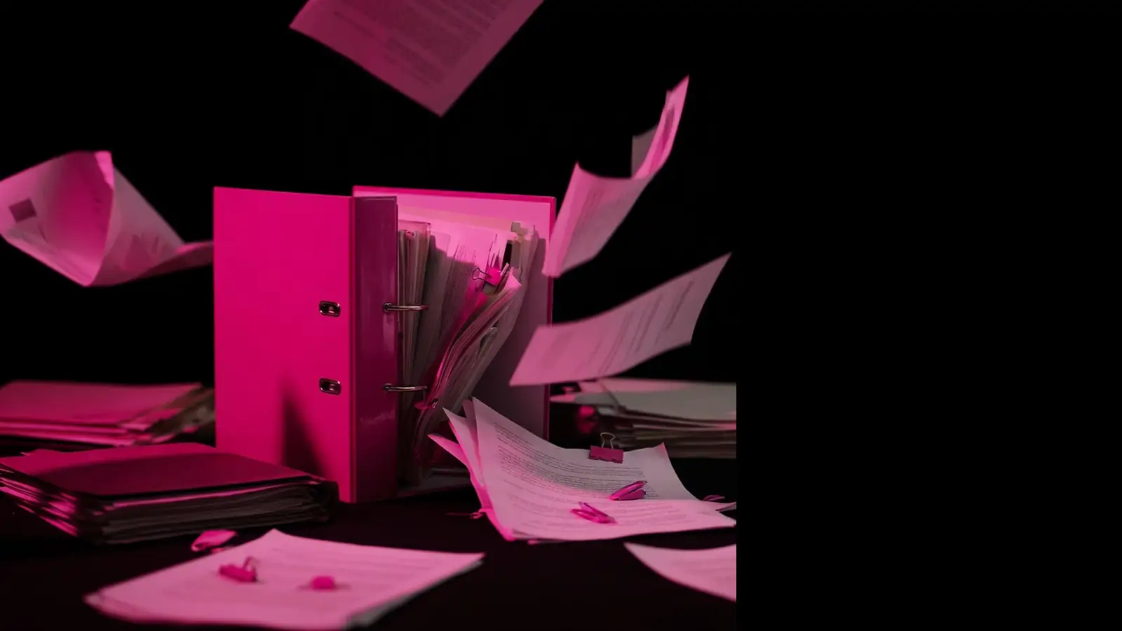 One magenta binder gathering many dim stacks on black, cost savings consolidating compliance audits with a single provider