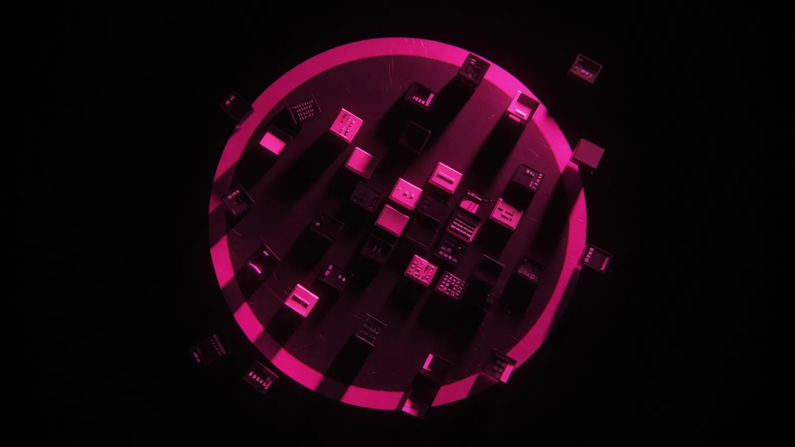One magenta scope ring around many control tiles on black, consolidating compliance audits without fake sameness