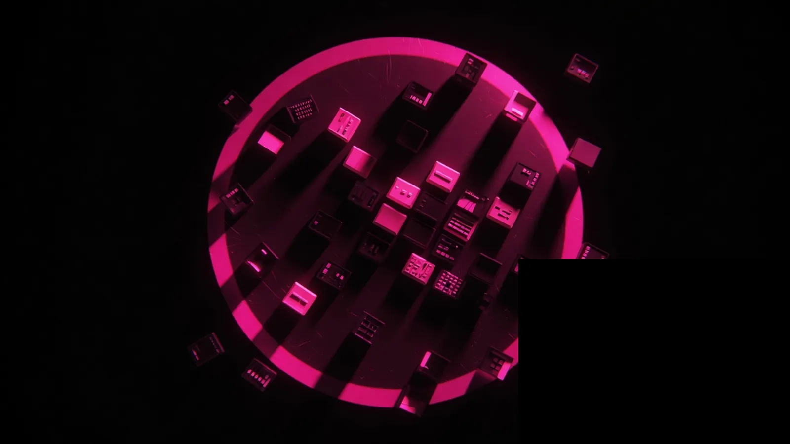 One magenta scope ring around many control tiles on black, consolidating compliance audits without fake sameness