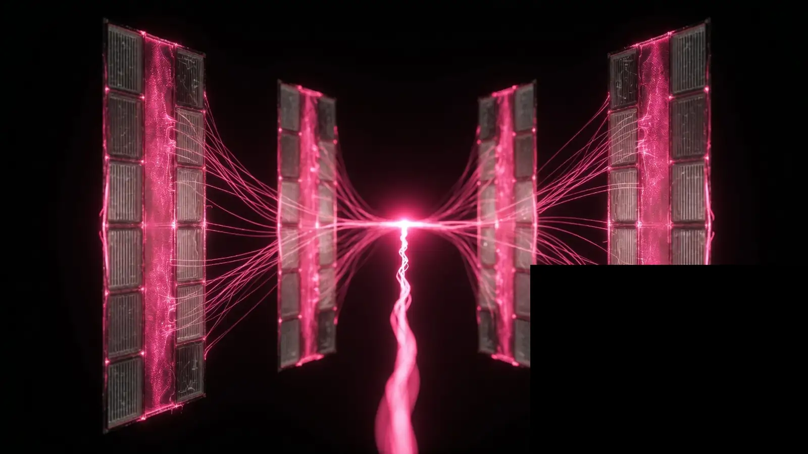 Four magenta-lit panels fusing to one filament on black, IT platform consolidation cost savings versus vendor claims