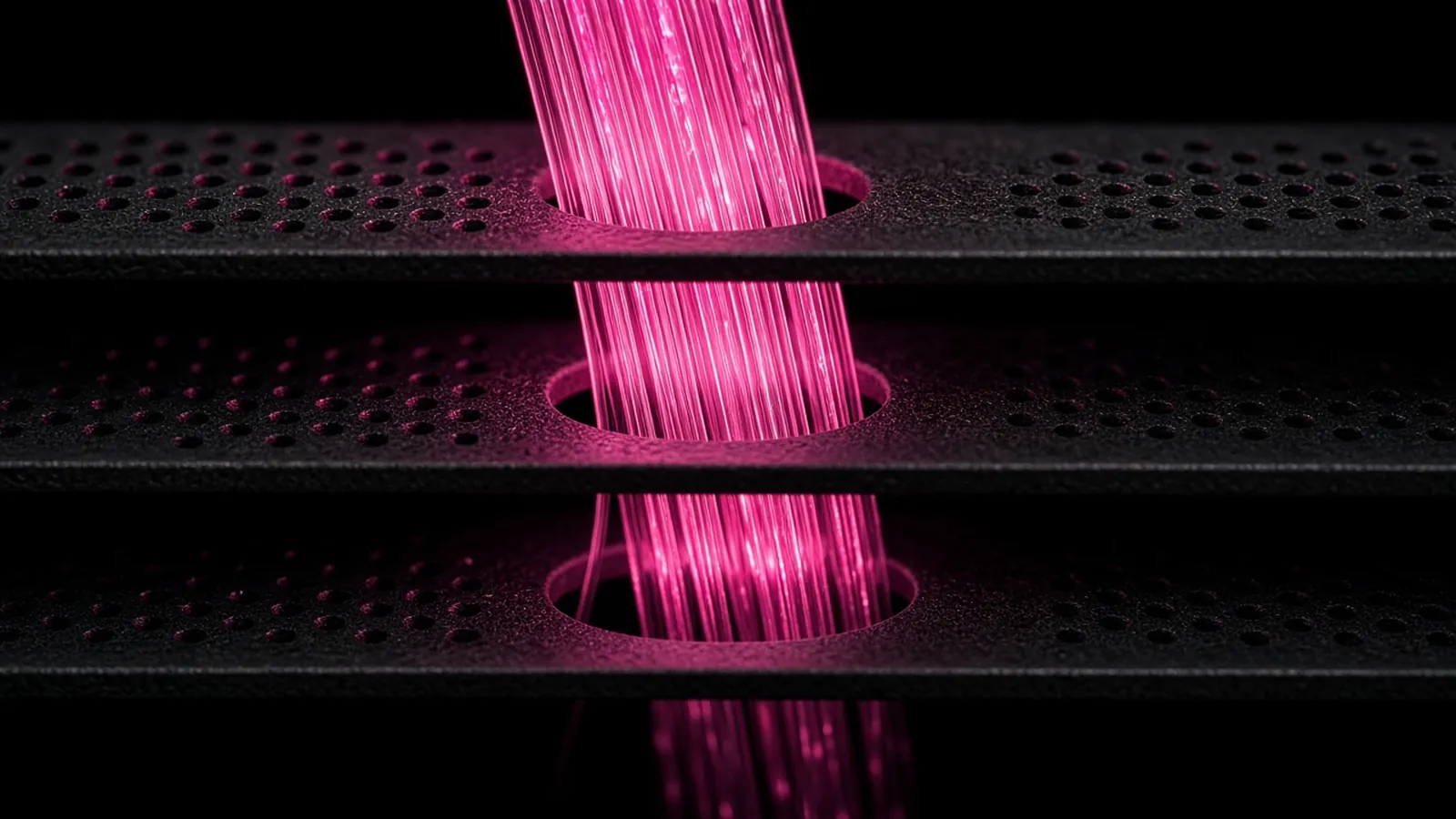 Magenta-lit fiber optic strands passing through stacked dark panels, the clauses carrying vendor contract security obligations down a chain