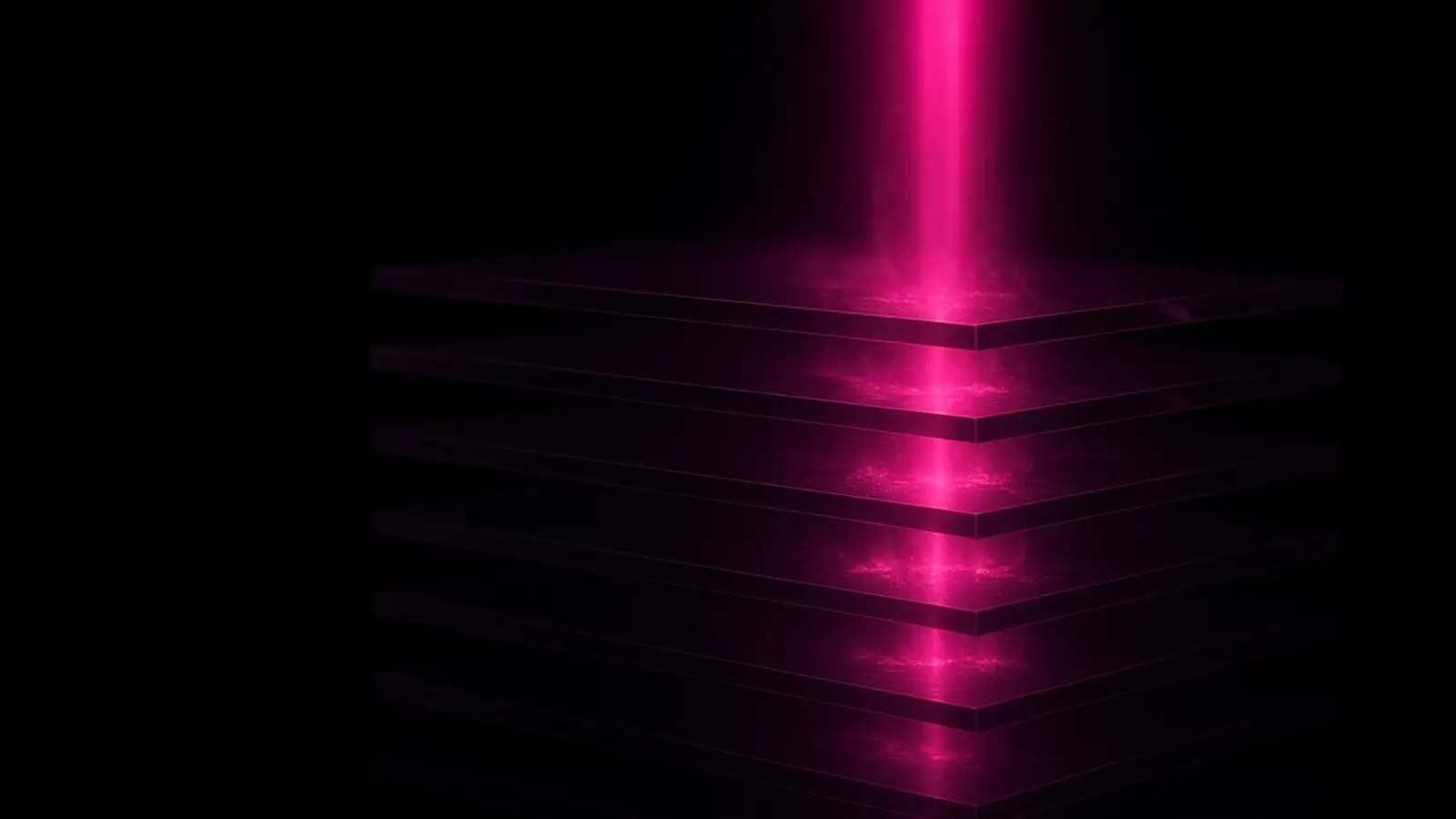Magenta light passing through stacked dark panels, vendor contract security obligations flowing down a supply chain