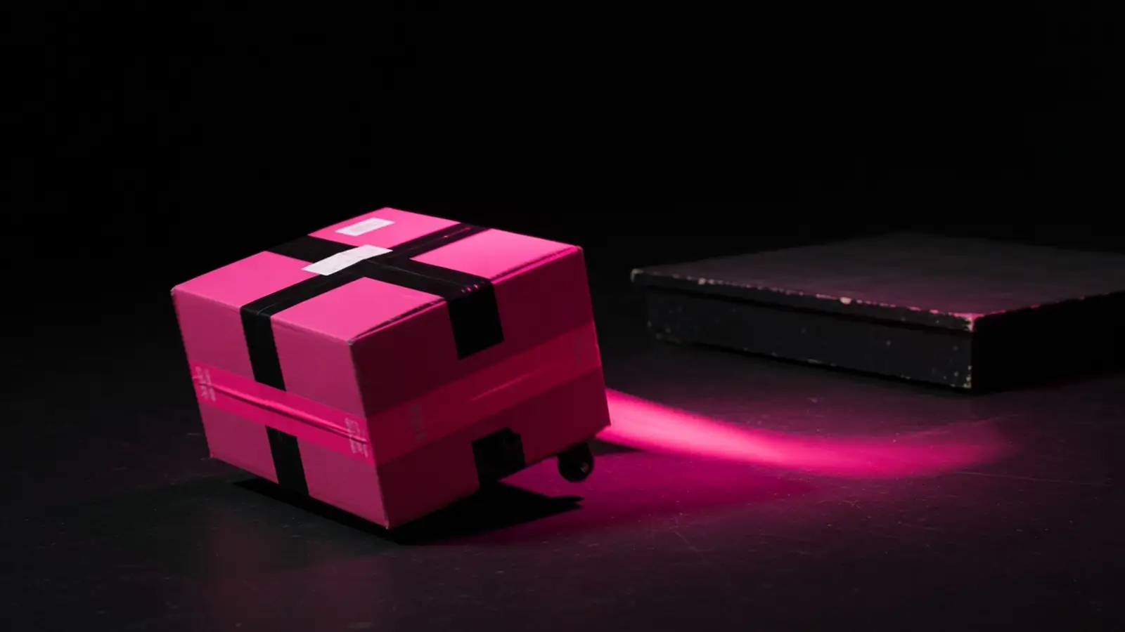 A magenta archive box leaving a dark platform, cost to leave HubSpot, Amelia S. Gagne