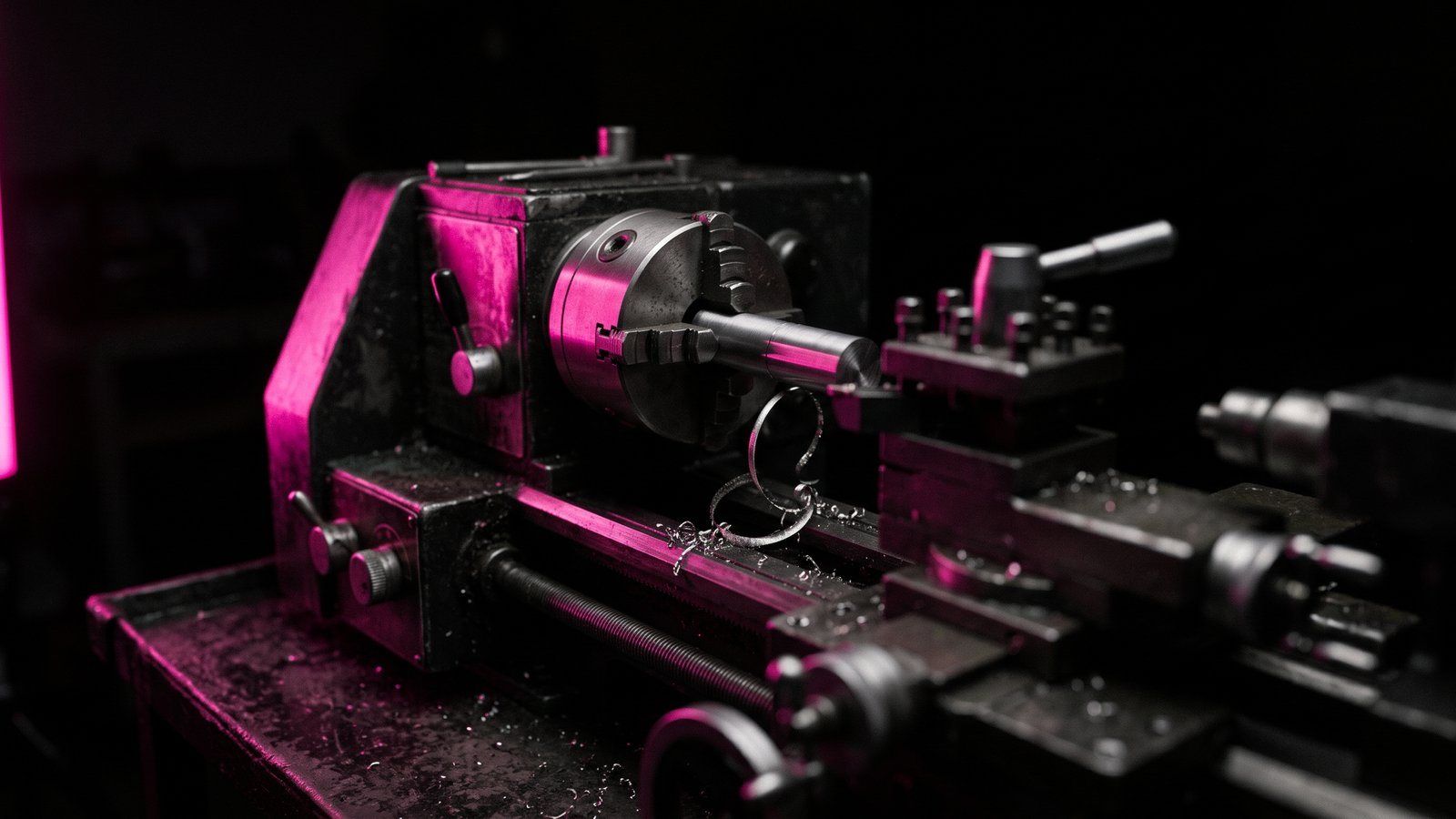 A metal lathe on a dark workshop bench, its chuck and tool post edged in hot pink light on black, custom software cost