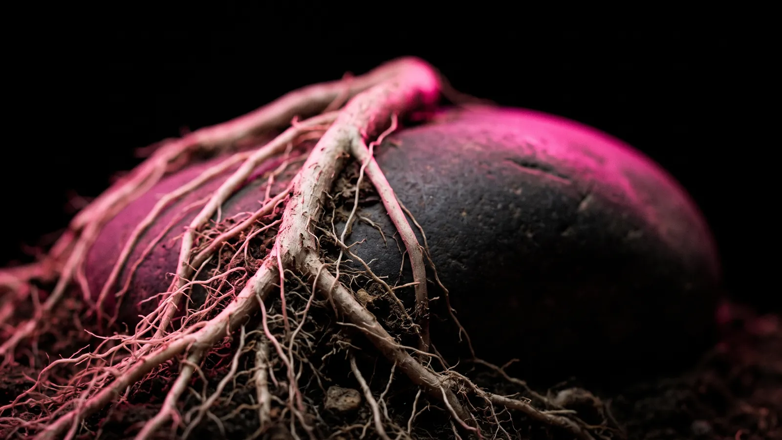 Pale tree roots wrapping around a dark river stone, lit from one side by a single hot pink light against black