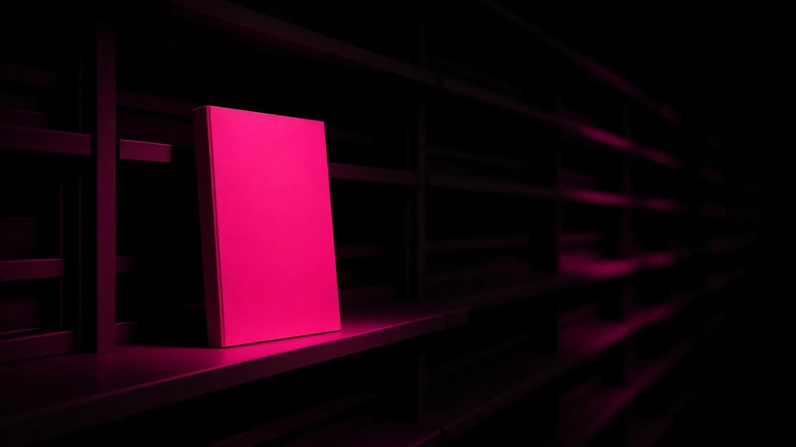 One magenta-lit folder among dim shelving on black, the evidence file that prevents cyber insurance claims getting denied