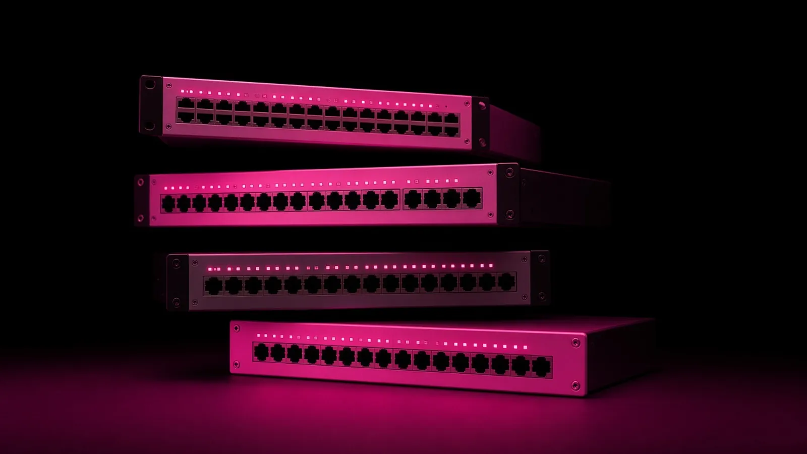 Four hardware security tokens on a dark desk with one lit magenta, the MFA control coverage a cyber insurance renewal application asks about