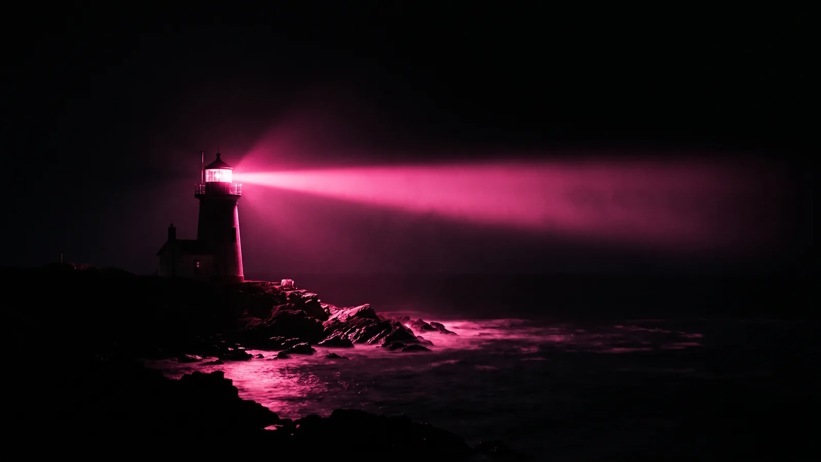 A lighthouse on a rocky coast at night with its beam drawn in hot pink across black water, the EU representative that GDPR for Massachusetts companies often requires