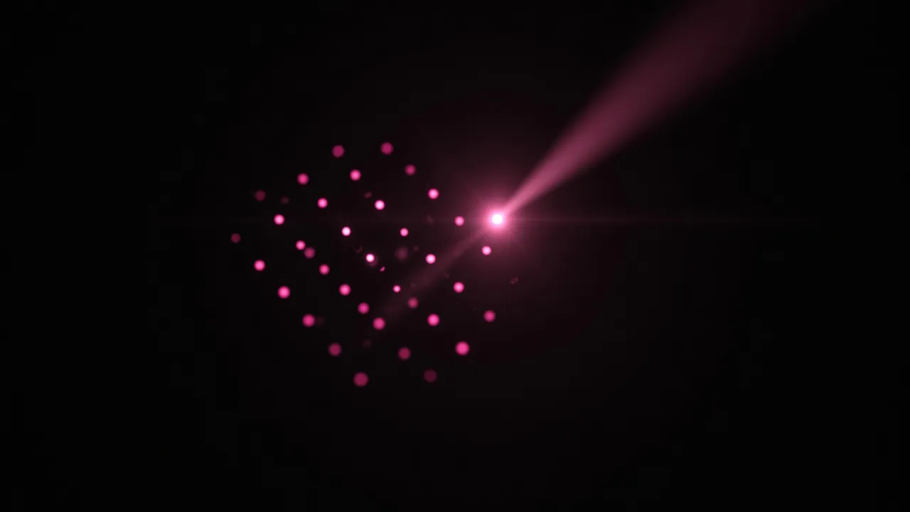 One magenta beam naming a path among dim points on black, how AI assistants decide which businesses to recommend