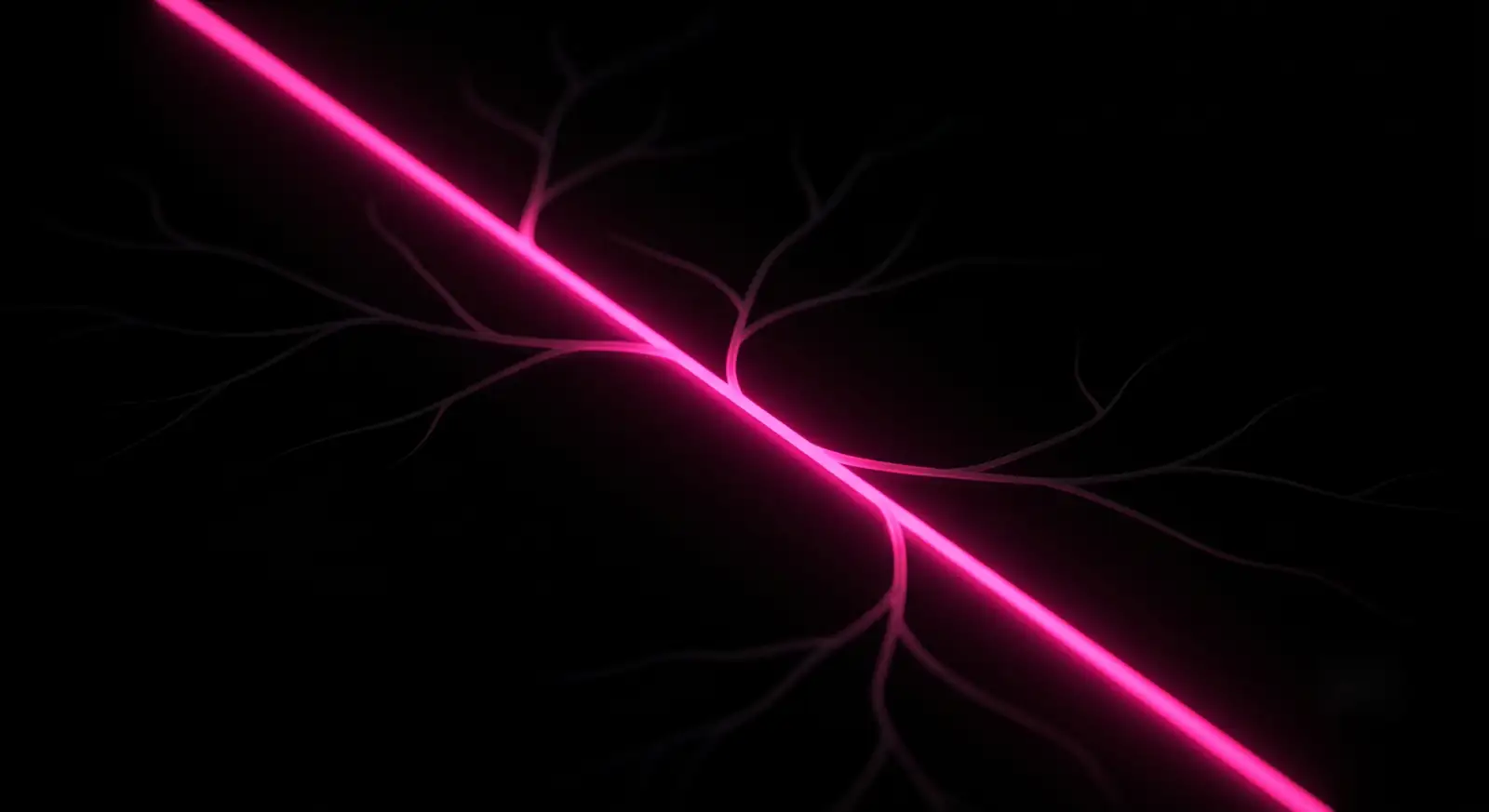 AI assistant recommendations rendered as a single hot pink beam selecting one path in darkness