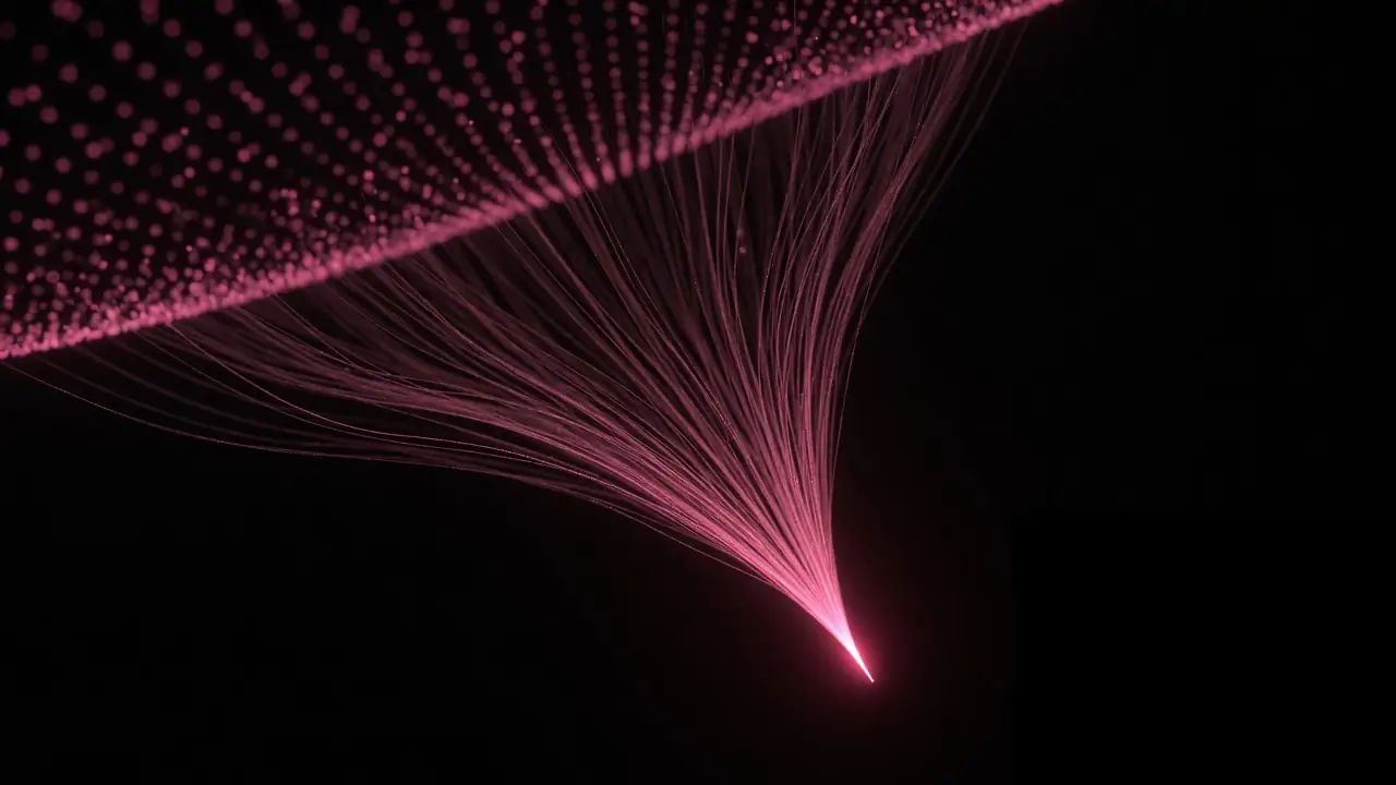 Hot-pink light threads narrowing to one filament on black, how ChatGPT and Perplexity decide sources to cite
