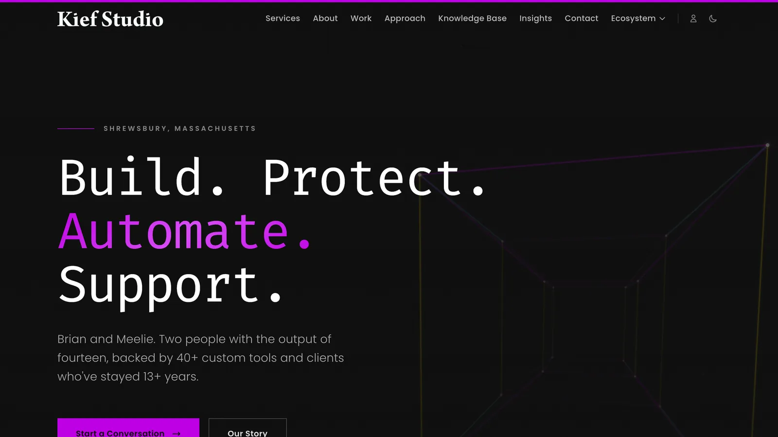 Kief Studio home page with the words Build Protect Automate Support, the two-person studio behind the free AUR scanner