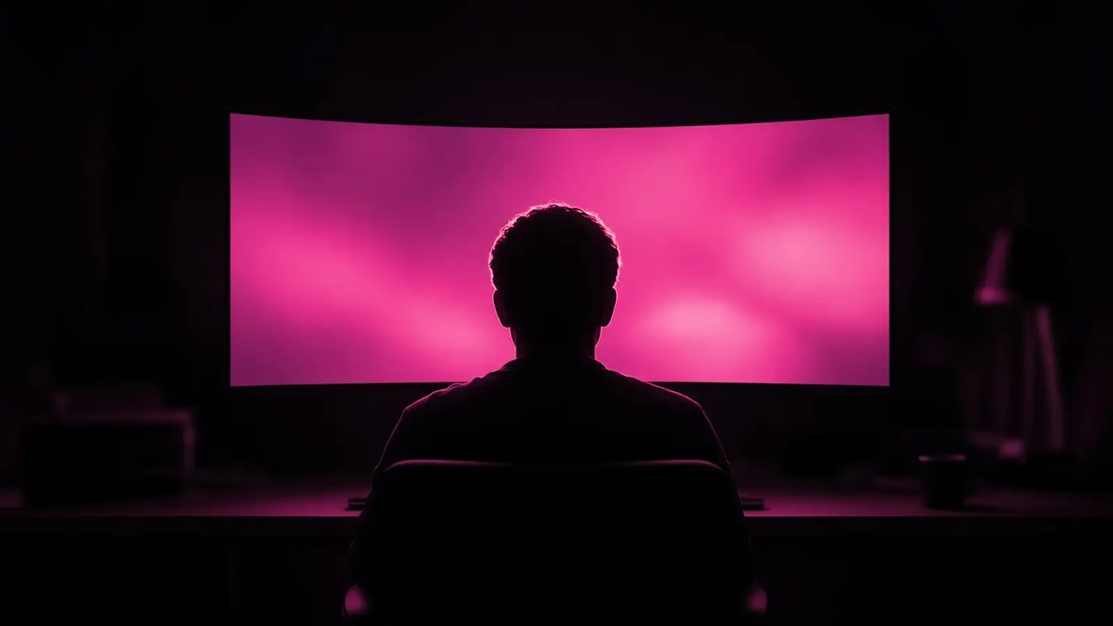 A person silhouetted at an ultrawide monitor in a dark office lit by hot pink screen glow, choosing a technology partner in Worcester and Shrewsbury