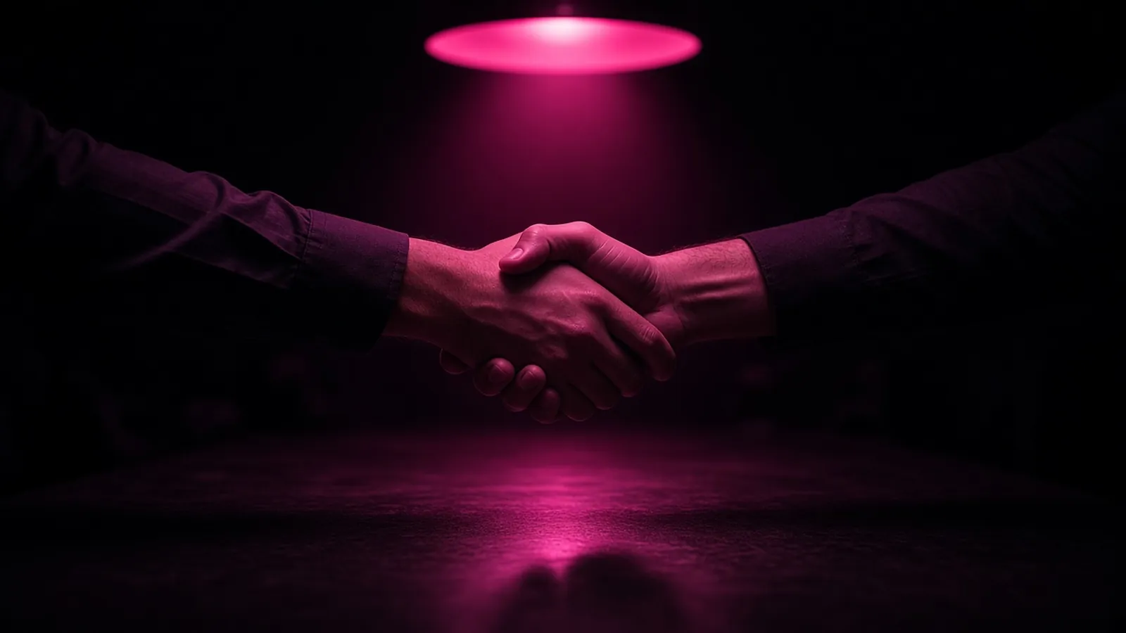 Two hands shaking over a dark conference table under a single hot pink pendant light, finding the right technology partner in Worcester