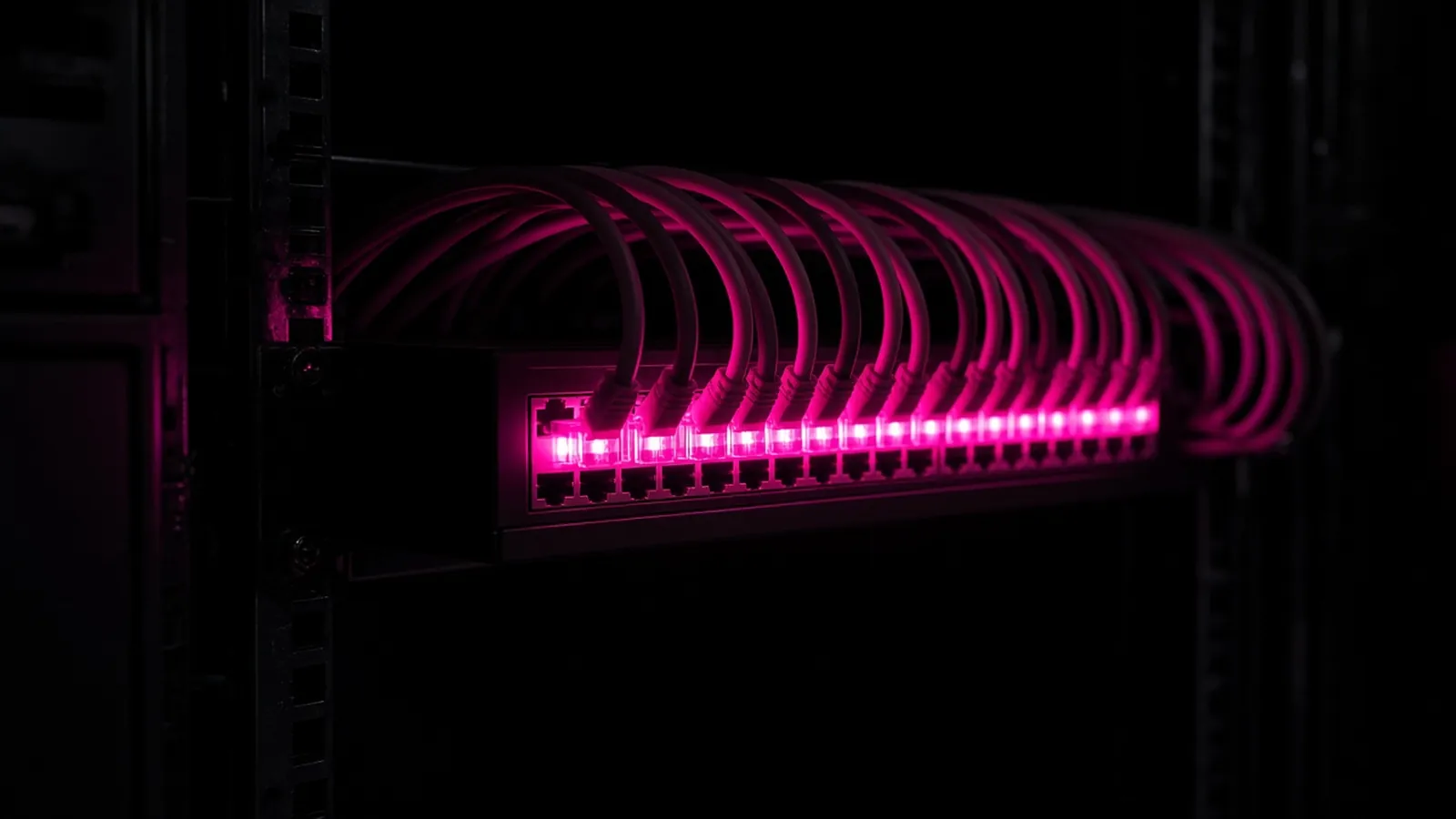 A network switch in a dark wiring closet with patch cables glowing hot pink, on-site work a local technology partner in Worcester handles in person