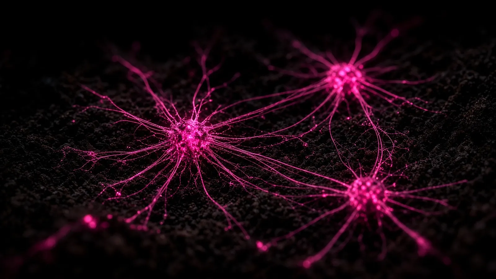 Glowing hot pink mycelium network linking distant points across dark soil, remote technology support connecting Worcester and Shrewsbury offices