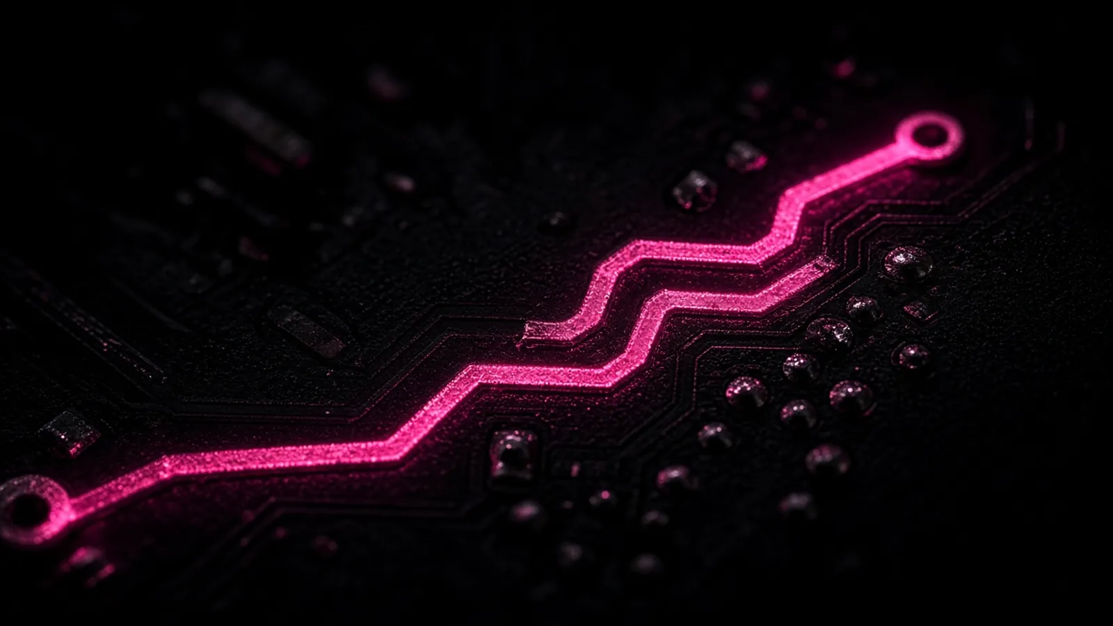 A circuit board under macro lens with one protected pathway glowing hot pink while others stay dark, reducing the cost of a data breach in Massachusetts through prevention