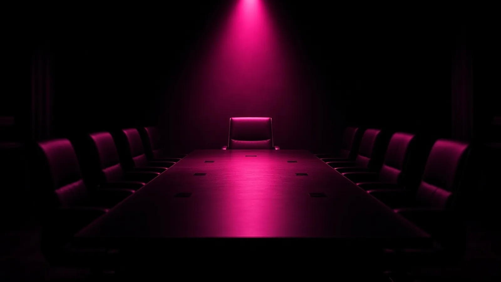 A single empty chair at the head of a dark conference table under a hot pink light, the owner responsible for Massachusetts data breach notification