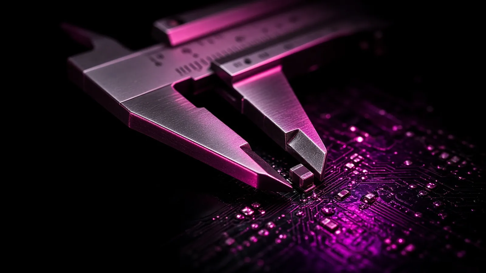 Precision calipers measuring a circuit board under hot pink light, custom software built to one customer's specification