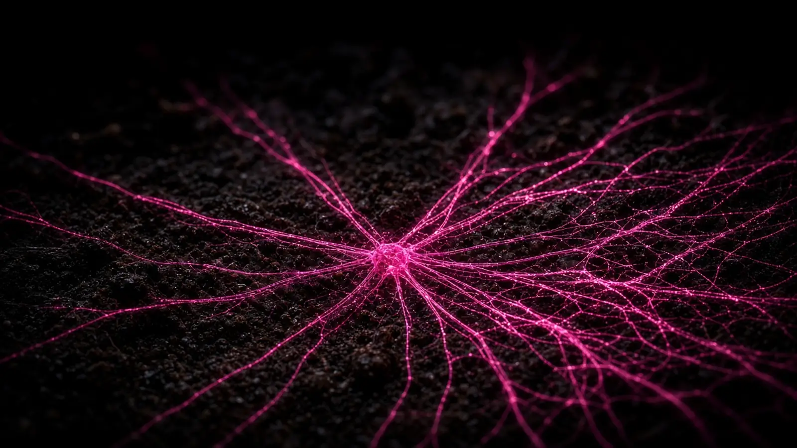 Glowing hot pink mycelium threads branching across black soil, Massachusetts sales tax on SaaS compounding across years of renewals