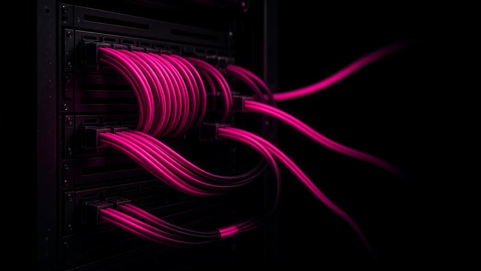 A server rack in a dark room with cable bundles traced in hot pink light leading to several outside connections, service provider oversight under Massachusetts WISP requirements