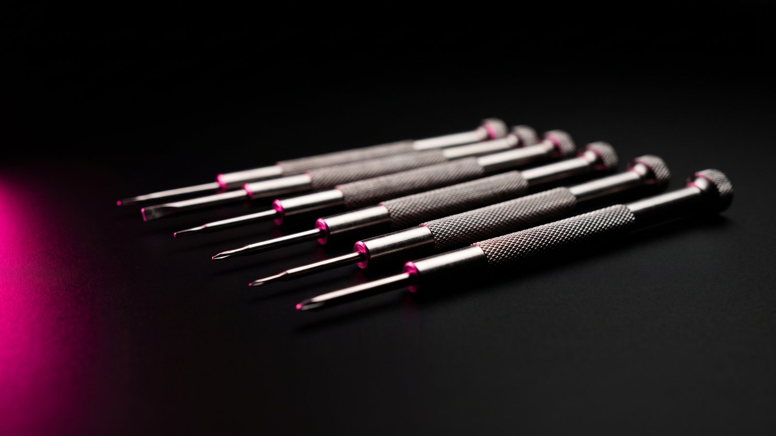 A row of watchmaker's precision screwdrivers on black, their tips caught in hot pink light, for website maintenance cost