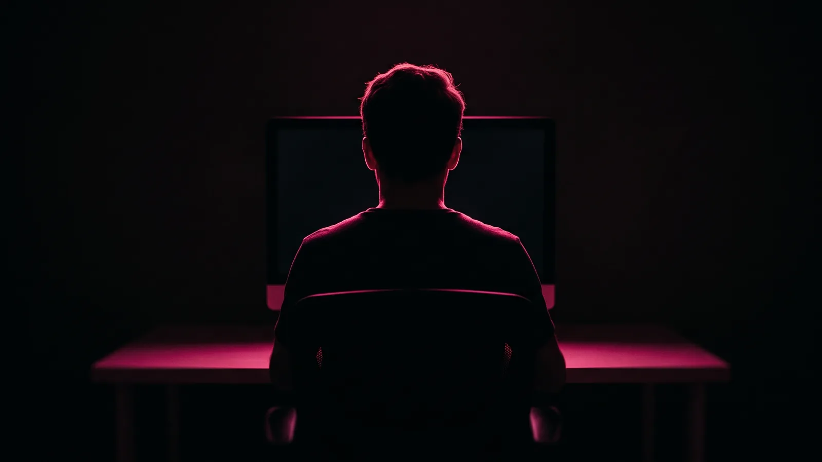 A figure in silhouette at a desk late at night, face unseen, lit only by the hot pink glow of a monitor against black