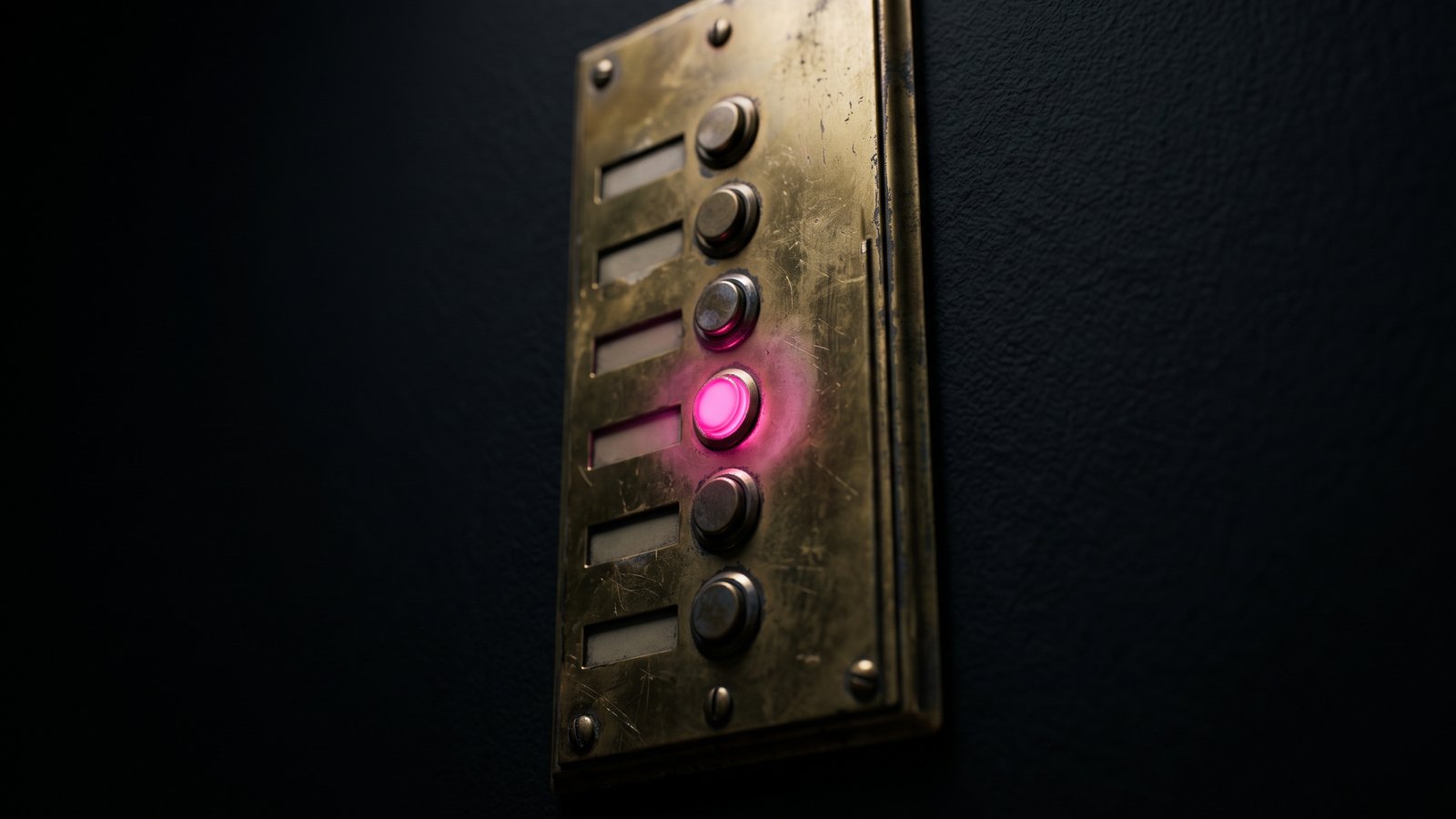 A brass apartment doorbell panel on a black wall with one button glowing hot pink, as if pressed over and over, a metaphor for MFA fatigue push-bombing