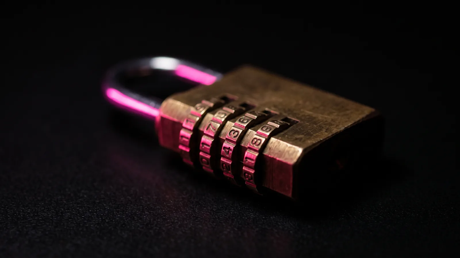 A brass combination padlock with its number dials lit hot pink against pure black, number matching as a defense against MFA fatigue