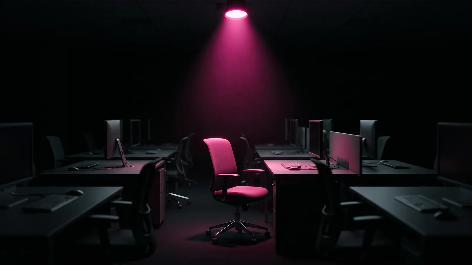 An empty open-plan office at night with a single desk chair pushed back, lit by one hot pink light against black, the late-hour setting of an MFA fatigue attack