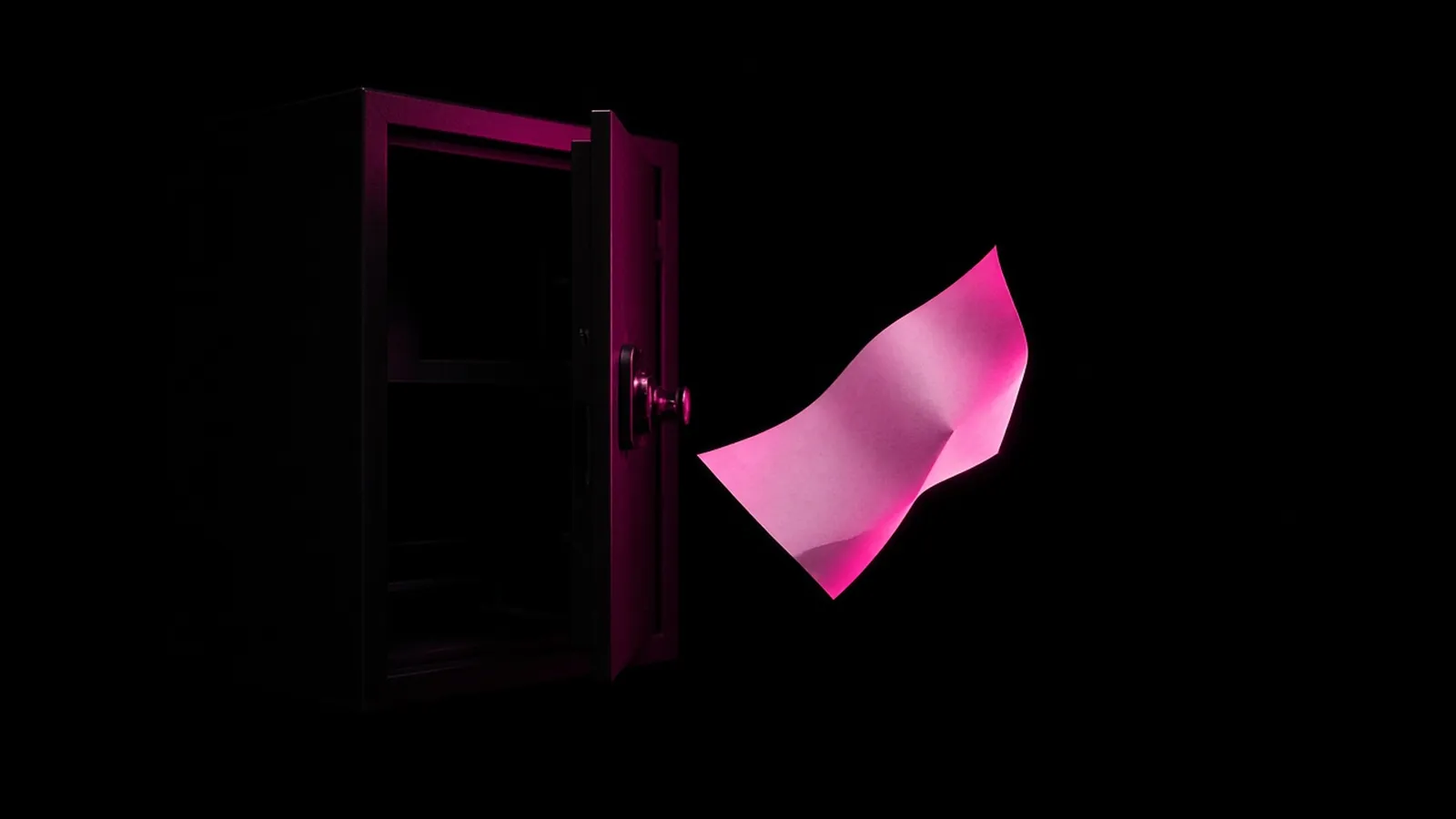 One magenta file detached from a guarded dim system on black, exports as the leak path in mixed data environments