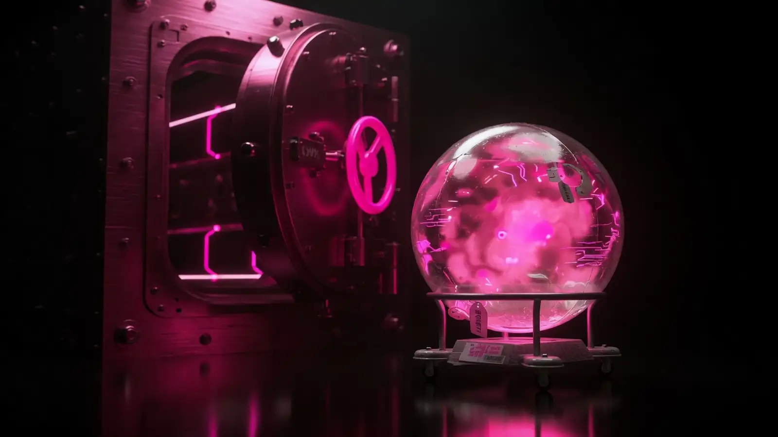 A magenta vault of workflow next to a rented glowing model on black, own versus rent AI