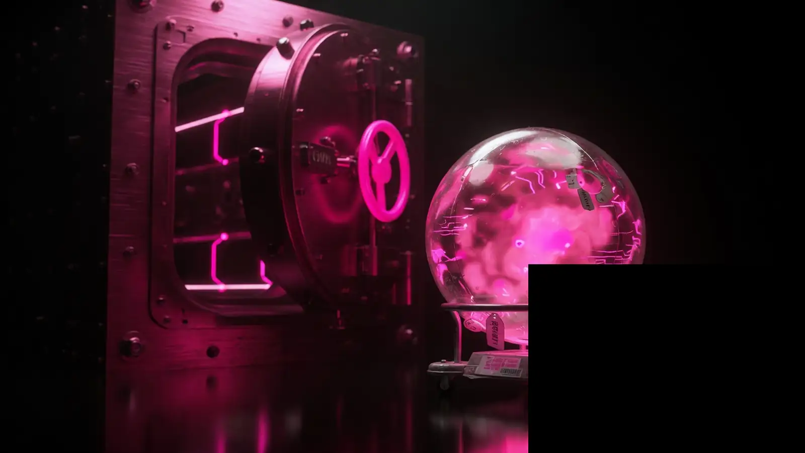 A magenta vault of workflow next to a rented glowing model on black, own versus rent AI