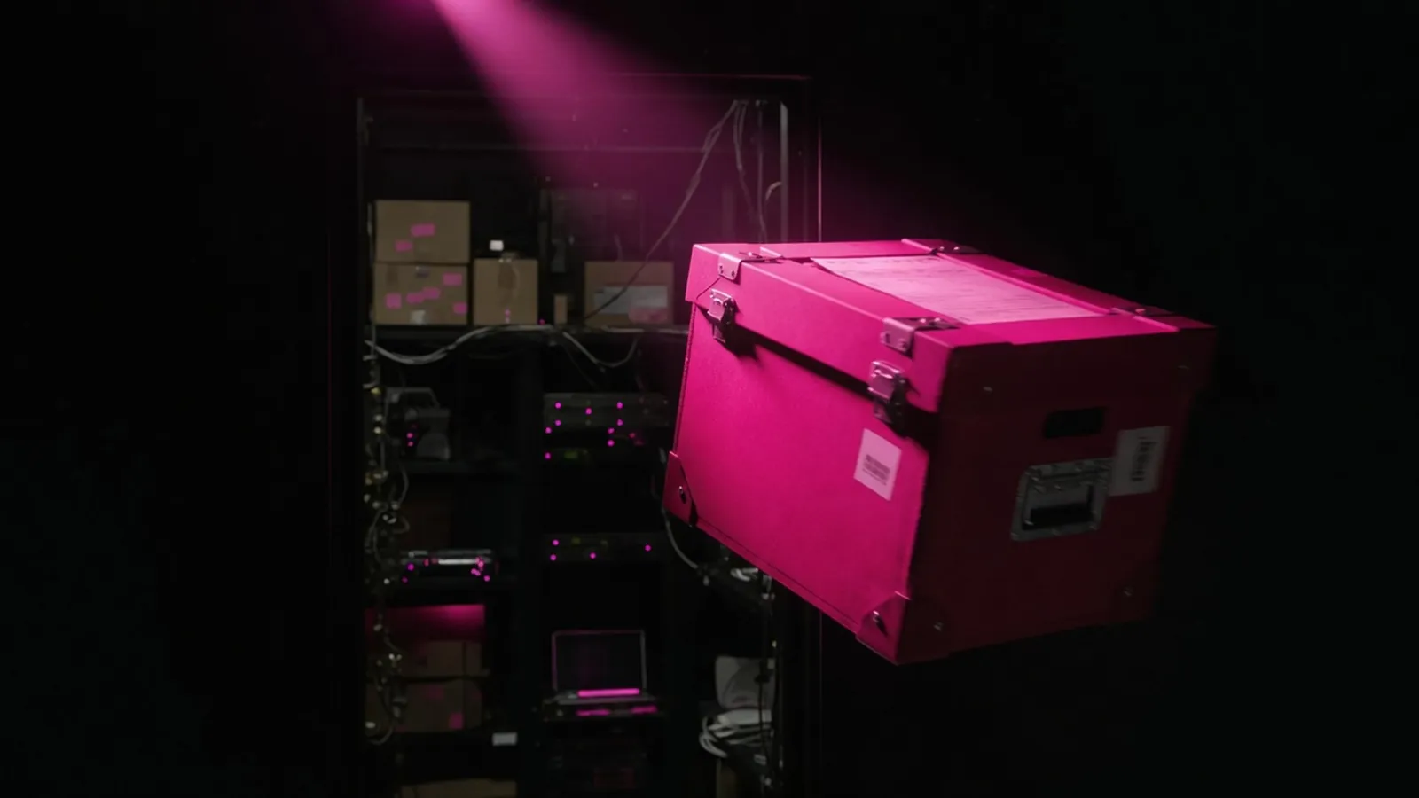 Magenta archive box leaving a dim vendor room, own versus rent AI data export