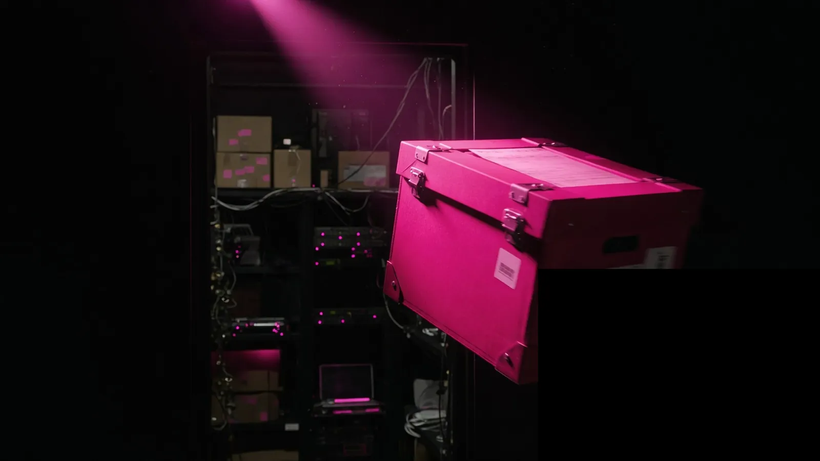 Magenta archive box leaving a dim vendor room, own versus rent AI data export