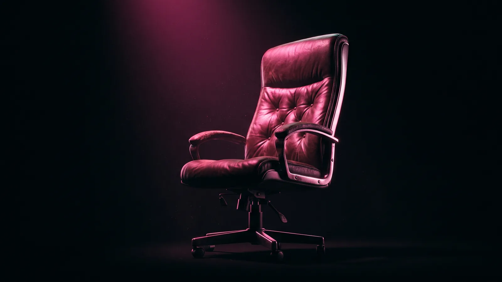 An empty leather executive chair in a dark office, lit from one side by hot pink light, the borrowed authority used in pretexting