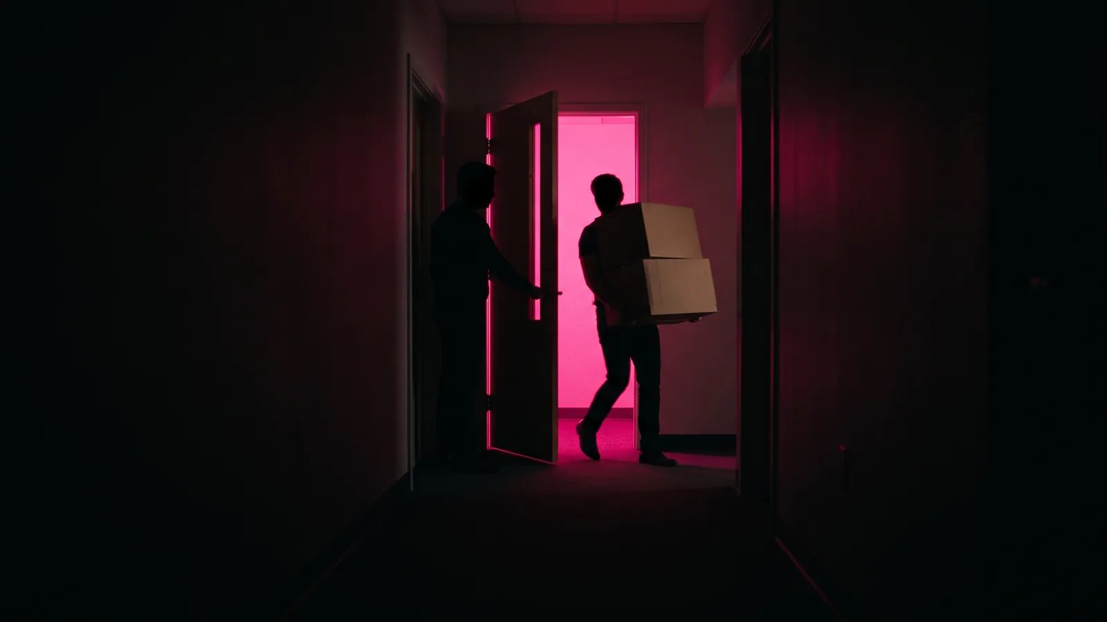 A person holding an office door open for a silhouetted figure carrying boxes, the hallway lit hot pink against black, why helpful people get caught by pretexting