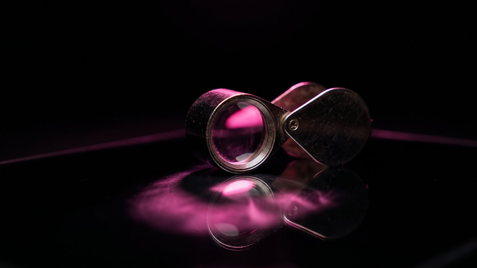 A jeweler's loupe resting on black glass with hot pink light passing through the lens, how to check if a message is a scam by looking closely