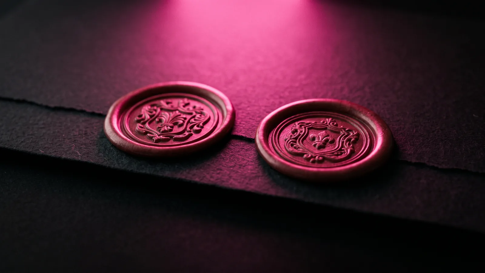Two nearly identical red wax seals side by side on black, one with a subtly different crest, lit hot pink, lookalike domains when you check if a message is a scam